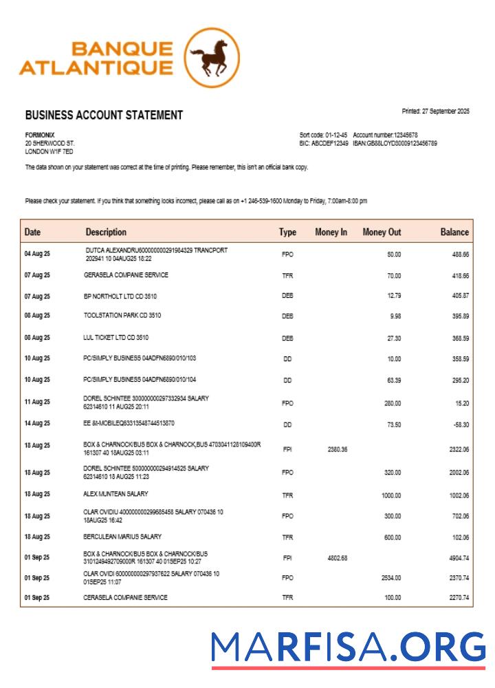Realistic Banque Atlantique organization checking account statement Word and PDF template (1)